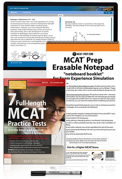 MCAT book with practice tests and erasable noteboard booklet by Gold Standard MCAT